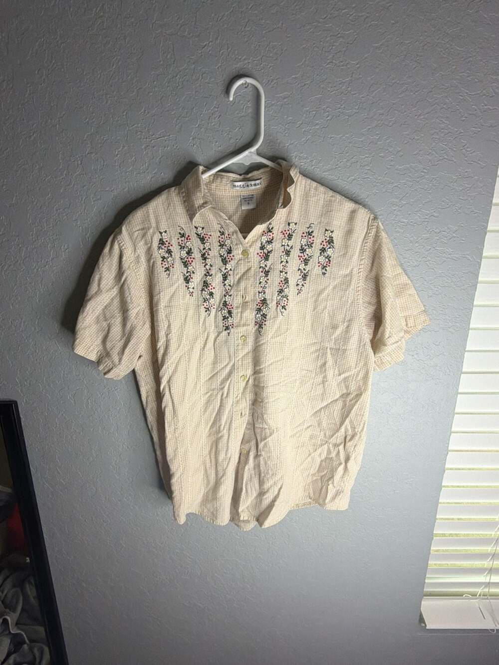 Maggie & Max Vintage Floral Embroidered Gingham Button-Down Shirt